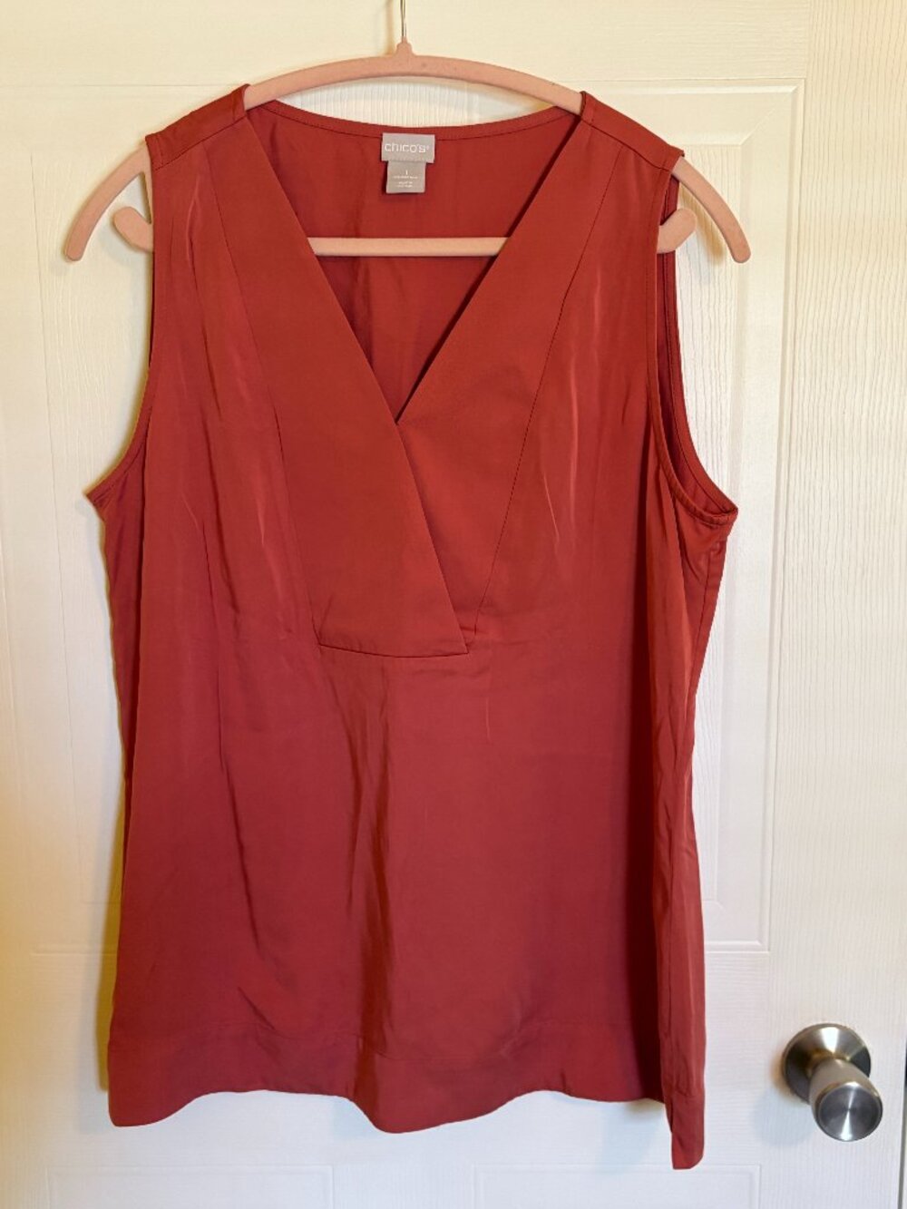 Chicos 1 Medium V Neck Reddish Orange Satin Solid MODAL Tunic Tank Top Career